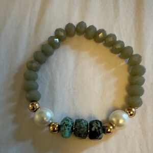 Beaded Stretch Bracelet with Grey Beads and Turquoise Accents